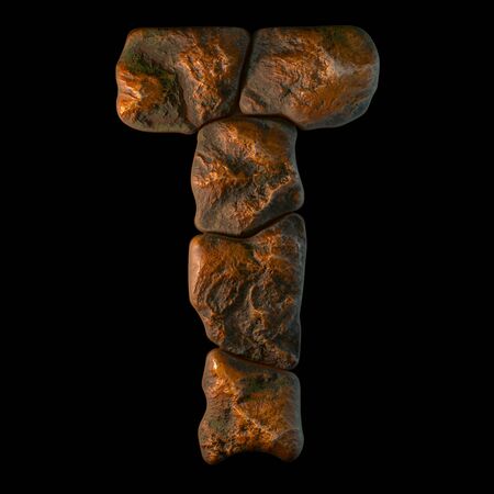 Rocky letter T. Font of stone on black background. 3d renderingの写真素材