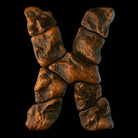 Rocky letter X. Font of stone on black background. 3d renderingの写真素材