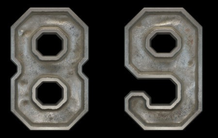 Set of numbers 8, 9 made of industrial metal on black background 3d rendering