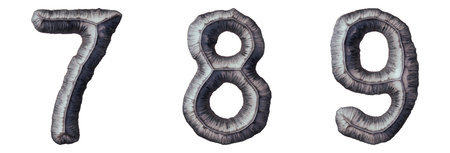 Set of numbers 7, 8, 9 made of forged metal isolated on white background. 3d rendering