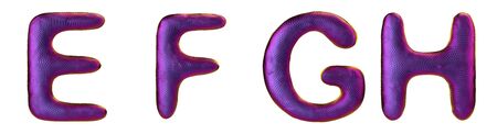 Letters set E, F, G, H made of realistic 3d render natural purple snake skin texture. Collection of snake skin texture with purple color symbol isolated on white backgroundの写真素材