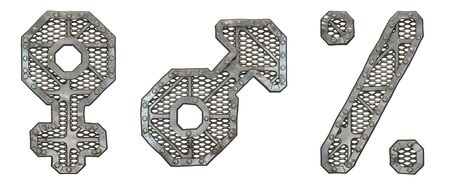 Mechanical alphabet made from rivet metal with gears on white background. Set of symbols female, male, percent. 3D renderingの写真素材