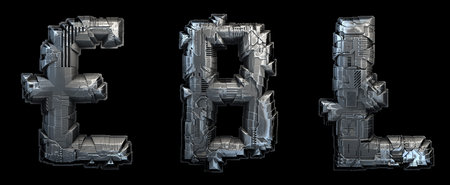 Set of symbols pound, baht, litecoin made of metal isolated on black background. 3d rendering