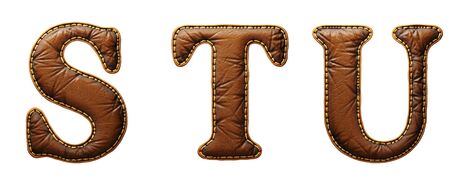 Set of leather letters S, T, U uppercase. 3D render font with skin texture isolated on white background. 3d renderingの写真素材