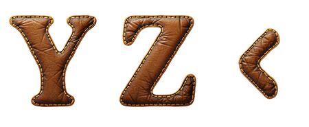 Set of leather letters Y, Z and symbol left angle bracket uppercase. 3D render font with skin texture isolated on white background. 3d renderingの写真素材