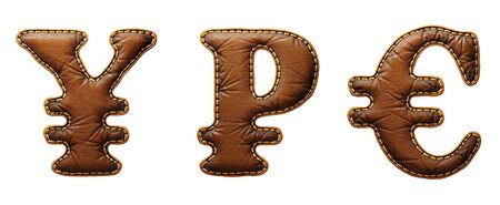 Set of symbols yen, rouble and euro made of leather. 3D render font with skin texture isolated on white background. 3d renderingの写真素材