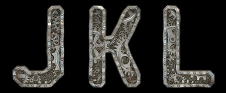 Mechanical alphabet made from rivet metal with gears on black background. Set of letters J, K, L. 3D renderingの写真素材