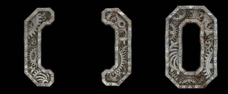 Mechanical symbol made from rivet metal with gears on blackの写真素材