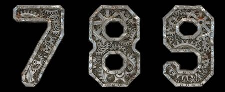 Mechanical number made from rivet metal with gears on blackの写真素材