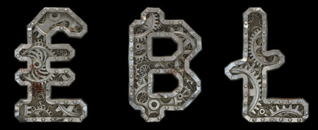 Mechanical alphabet made from rivet metal with gears on black background. Set of symbols lira, baht,...