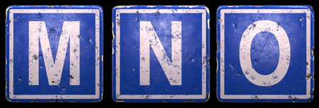 Set of public road sign in blue color with a capital white letters M, N, O in the center isolated of...