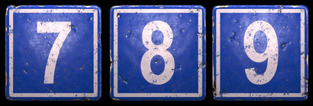 Set of public road sign in blue color with a white numbers 7, 8, 9 in the center isolated black...