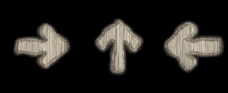 Set of symbol right arrow, up arrow and left arrow made of industrial metal. Isolated on black...