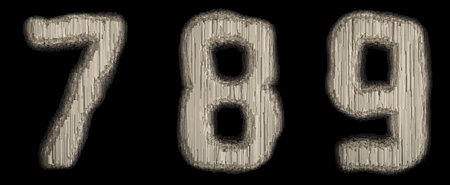 Set og numbers 7, 8, 9 made of industrial metal. Isolated on black background. 3d rendering