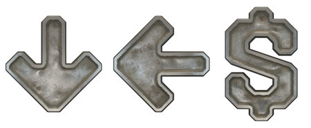 Set of symbols arrow to down, left arrow, dollar made of industrial metal on white background 3d renderingの写真素材