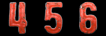 Set of numbers 4, 5, 6 made of red painted metal isolated on black background. 3d rendering