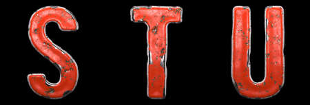 Set of letters S, T, U made of red painted metal isolated on black background. 3d renderingの写真素材