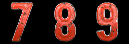 Set of numbers 7, 8, 9 made of red painted metal isolated on black background. 3d rendering