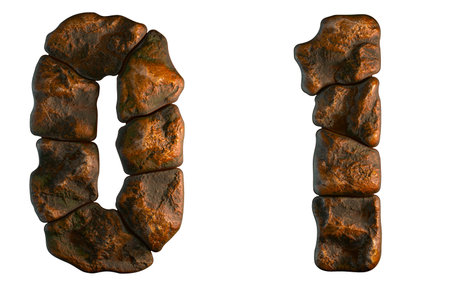 Set of rocky numbers 0, 1. Font of stone on white background. 3d rendering