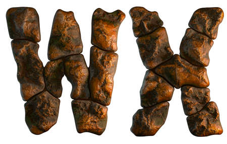 Set of rocky letters W, X. Font of stone on white background. 3d renderingの写真素材