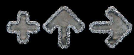 Set of symbols plus, up arrow and right arrow made of industrial metal on black background 3d renderingの写真素材