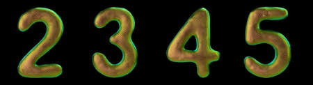 Set of numbers 2, 3, 4, 5 made of realistic 3d render gold color. Collection of natural snake skin texture style symbol isolated on black backgroundの写真素材