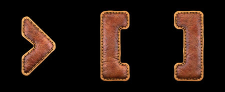 Set of symbols right angle bracket, left and right bracket made of leather. 3D render font with skin texture isolated on black background. 3d renderingの写真素材