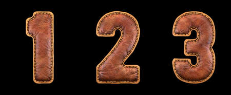 Set of numbers 1, 2, 3 made of leather. 3D render font with skin texture isolated on black background. 3d renderingの写真素材