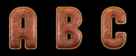 Set of leather letters A, B, C uppercase. 3D render font with skin texture isolated on black background. 3d renderingの写真素材
