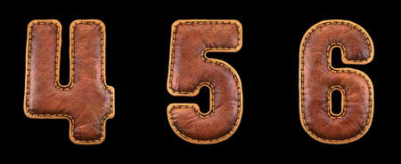 Set of numbers 4, 5, 6 made of leather. 3D render font with skin texture isolated on black background. 3d renderingの写真素材