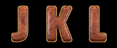 Set of leather letters J, K, L uppercase. 3D render font with skin texture isolated on black background. 3d renderingの写真素材
