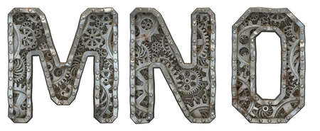 Mechanical alphabet made from rivet metal with gears on white background. Set of letters M, N, O. 3D renderingの写真素材