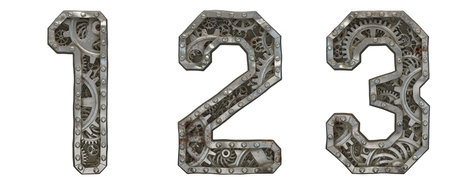 Mechanical alphabet made from rivet metal with gears on white background. Set of numbers 1, 2, 3. 3D...