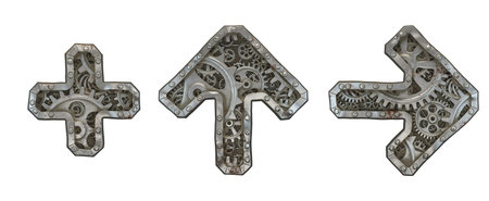 Mechanical alphabet made from rivet metal with gears on white background. Set of symbols plus, up...