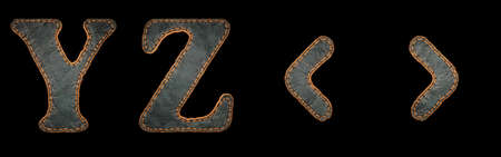 Set of leather letters Y, Z and symbol left, right angle bracket uppercase. 3D render font with skin texture isolated on black background. 3d renderingの写真素材