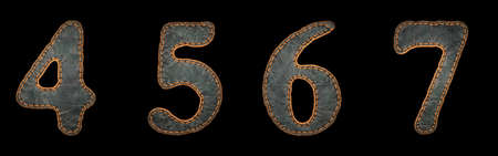 Set of numbers 4, 5, 6, 7 made of leather. 3D render font with skin texture isolated on black background. 3d renderingの写真素材