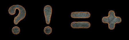 Set of symbols question mark, exclamation mark, equals, plus made of leather. 3D render font with skin texture isolated on black background. 3d renderingの写真素材
