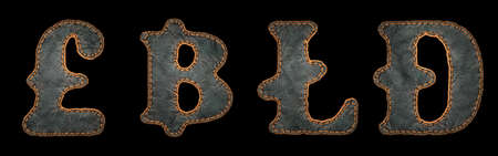 Set of symbols lira, baht, litecoin, dashcoin made of leather. 3D render font with skin texture isolated on black background. 3d renderingの写真素材
