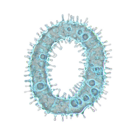 Alphabet made of virus isolated on white background. Capital letter O. 3d rendering. Covid font,...