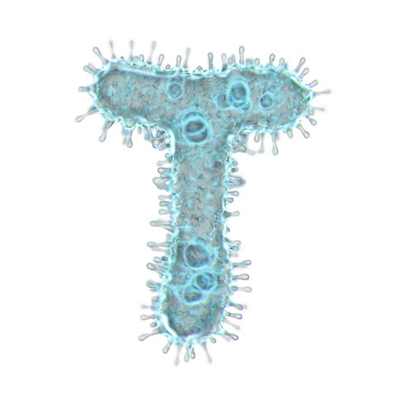 Alphabet made of virus isolated on white background. Capital letter T. 3d rendering. Covid font,...
