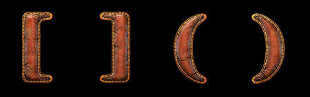 Set of symbols left, right bracket and left, right perentheses made of leather. 3D render font with skin texture isolated on black background. 3d renderingの写真素材