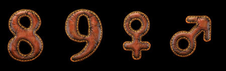Set of numbers 8, 9 and symbols female, male made of leather. 3D render font with skin texture...