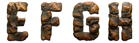 Set of rocky letters E, F, G, H. Font of stone on white background. 3d rendering