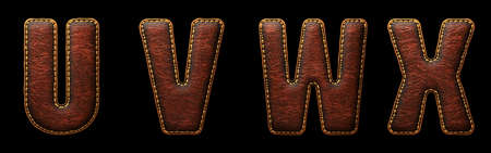 Set of leather letters U, V, W, X uppercase. 3D render font with skin texture isolated on black background. 3d renderingの写真素材
