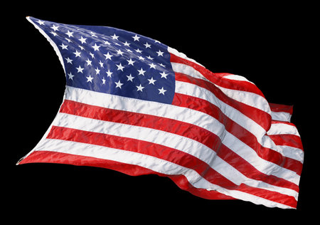 American flag waving in the wind isolated on black background. 3D rendering