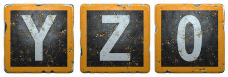 Public road sign orange and black color with a capital set of letters Y, Z and number 0 in the center isolated on white background. 3d renderingの写真素材