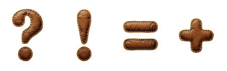 Set of symbols question mark, exclamation mark, equals, plus made of leather. 3D render font with...
