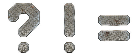 Set of symbols question mark, exclamation mark, equals made of industrial metal on white background...