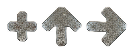 Set of symbols plus, up arrow and right arrow made of industrial metal on white background 3d...