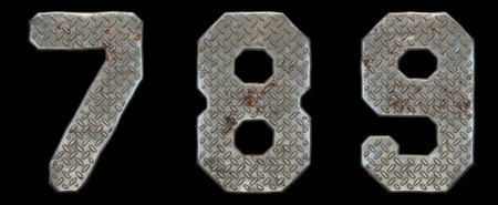 Set of numbers 7, 8, 9 made of industrial metal on black background 3d rendering